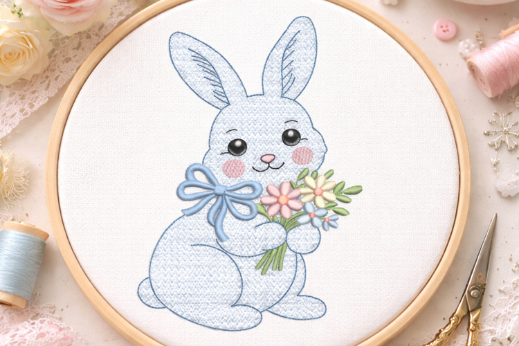 Bow Bunny Embroidery Design with Flowers