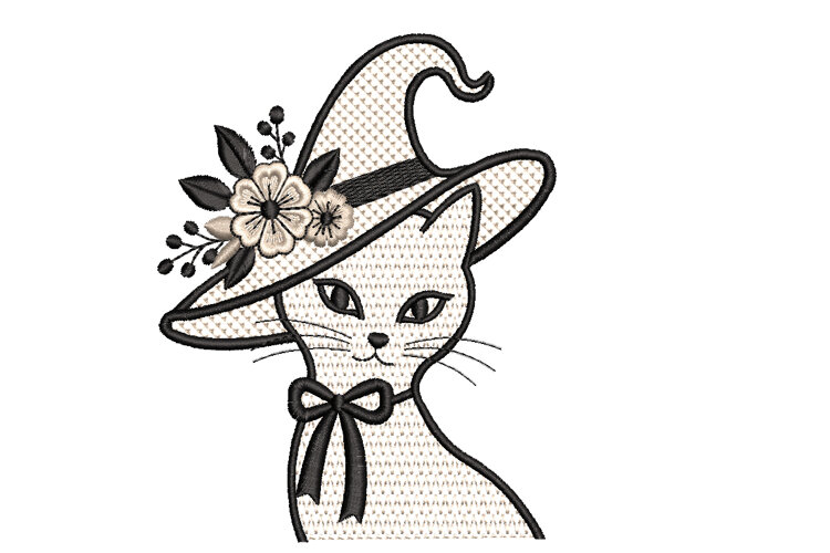 Witch Cat Embroidery Design Halloween Cat Machine Embroidery example image 1