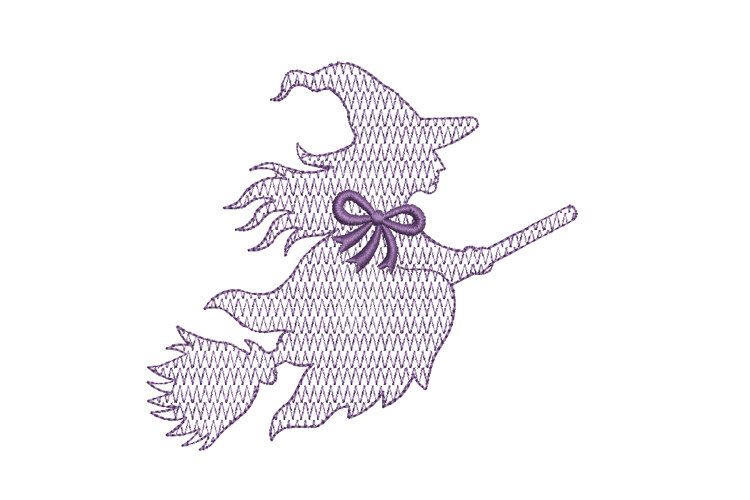 Witch on broom with Bow Halloween Embroidery Design example image 1