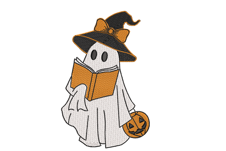 Bookworm Ghost with Pumpkin, Halloween Machine Embroidery