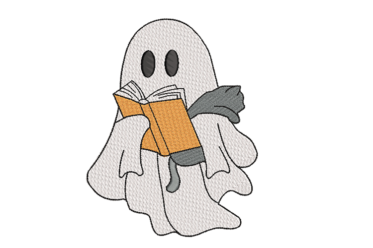 Ghost with Cat reading a Book, Halloween Machine Embroidery