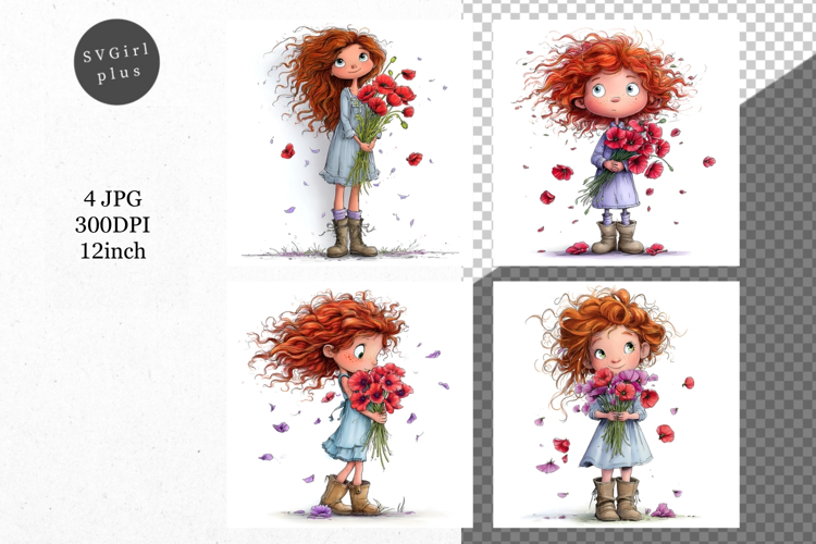 Girl with flowers, Whimsical JPG, JPG, Junk journal,