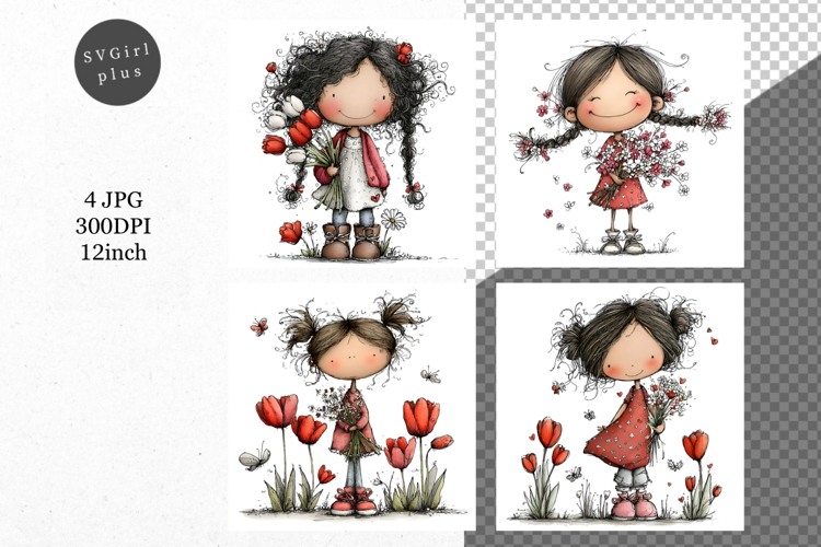 Girl with flowers, Whimsical JPG, JPG, Junk journal,