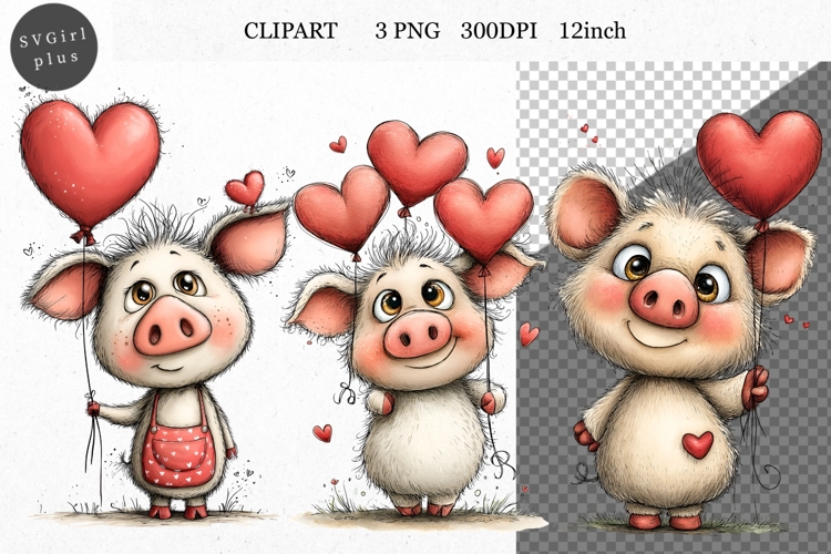 Pig Clipart, Valentines Day Clipart, Whimsical Clipart,