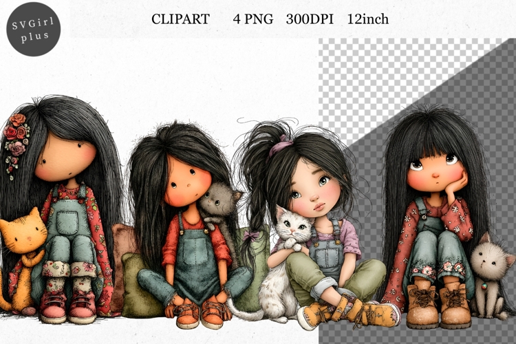 Girl and Cat PNG, Girl Clipart, Whimsical Clipart
