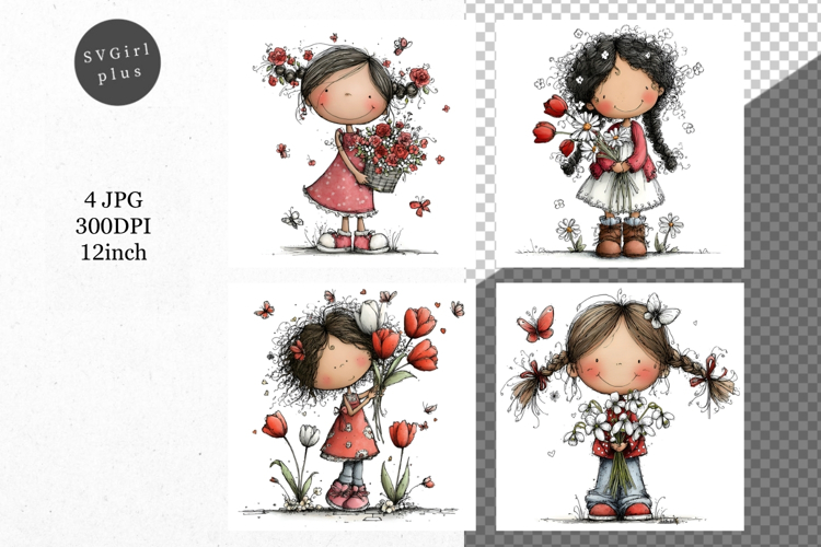 Girl with flowers, Whimsical JPG, JPG, Junk journal,