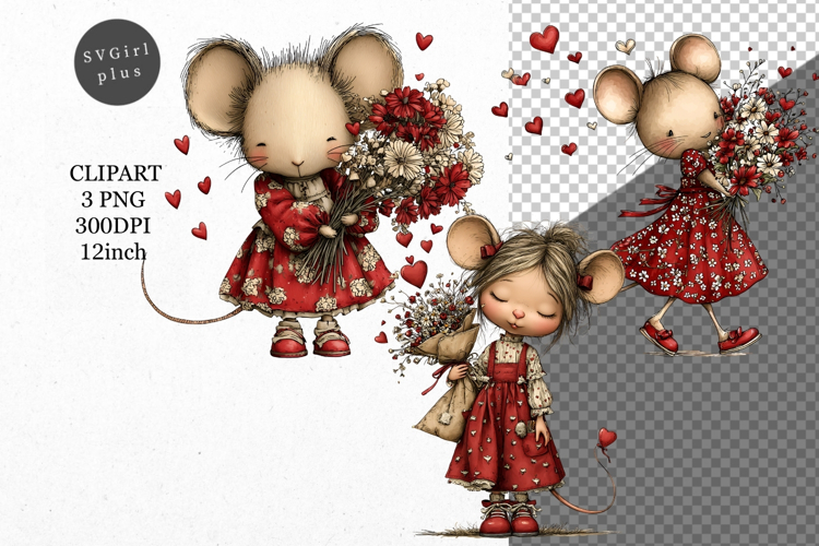 Mouse Clipart, Valentines Day Clipart, Whimsical Clipart,