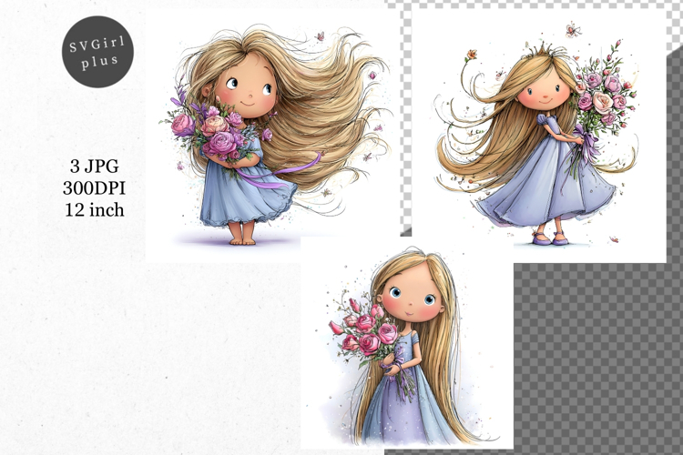 Girl with flowers, Whimsical JPG, JPG, Junk journal,