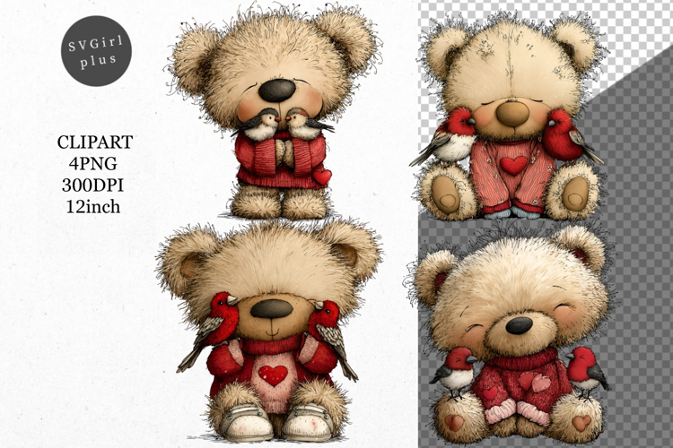 Teddy Bear Clipart, Valentines Day Clipart, Whimsical Clipar