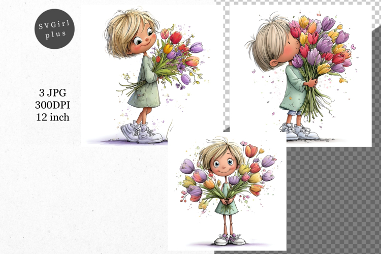 Girl with flowers, Whimsical JPG, JPG, Junk journal,