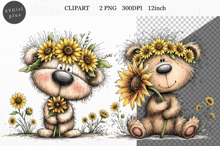 Teddy Bear Clipart, Sunflowers Clipart, Whimsical Clipart