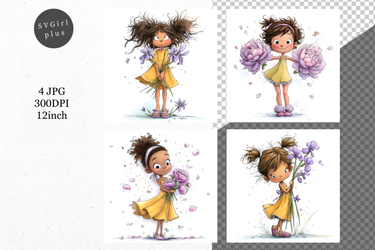 Girl with flowers, Whimsical JPG, JPG, Junk journal,