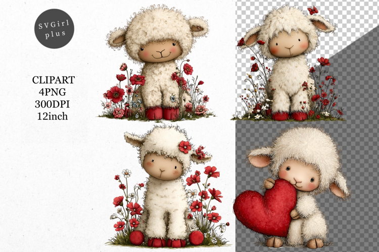 Lamb Clipart, Valentines Day Clipart, Whimsical