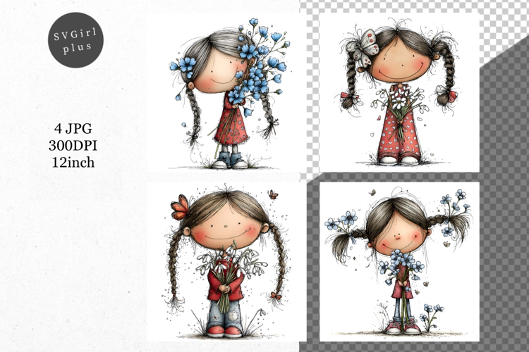 Girl with flowers, Whimsical JPG, JPG, Junk journal,
