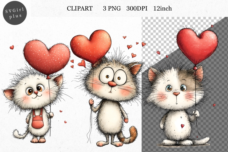 Cat Clipart, Valentines Day Clipart, Whimsical Clipart,