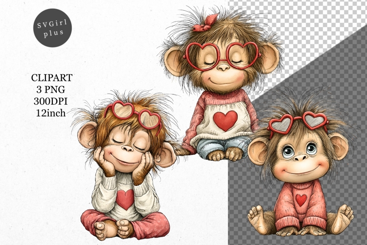 Monkey Clipart, Valentines Day Clipart, Whimsical Clipart