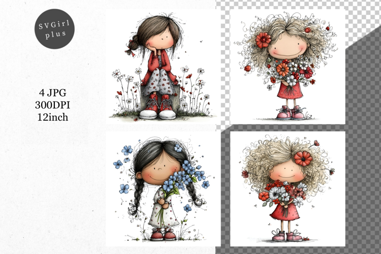 Girl with flowers, Whimsical JPG, JPG, Junk journal,