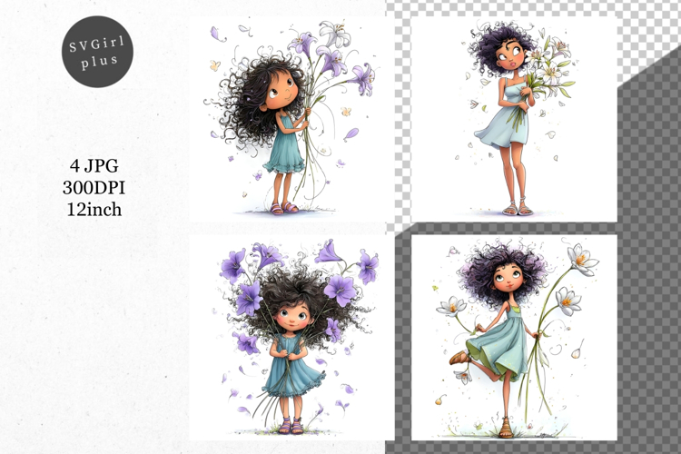 Girl with flowers, Whimsical JPG, JPG, Junk journal,