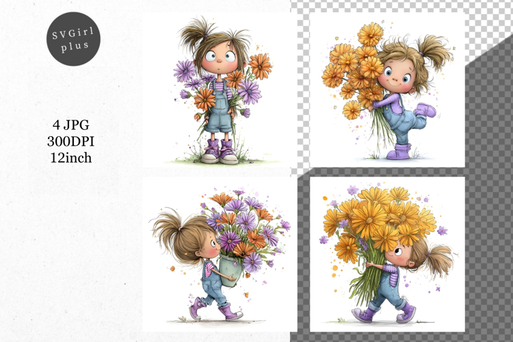 Girl with flowers, Whimsical JPG, JPG, Junk journal,
