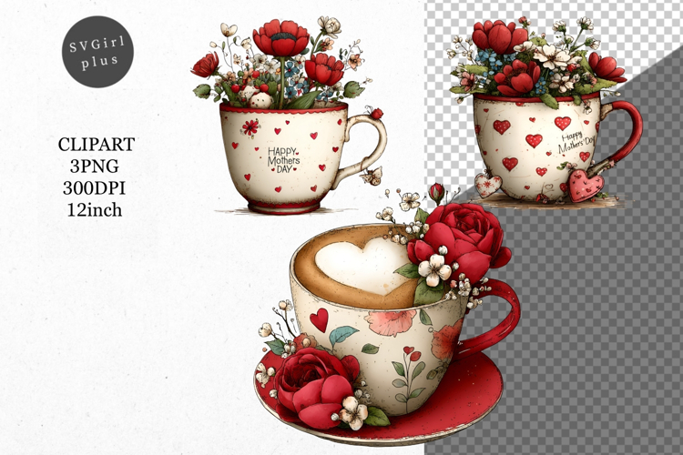 Tea mug PNG, Mothers Day PNG, Whimsical Clipart,