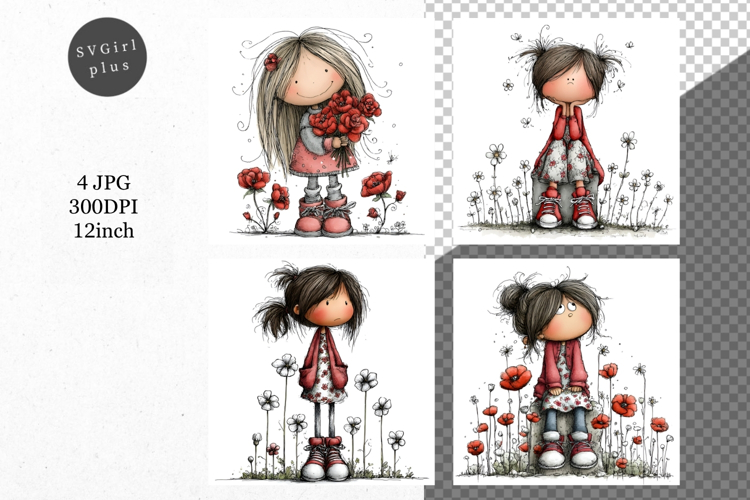 Girl with flowers, Whimsical JPG, JPG, Junk journal,