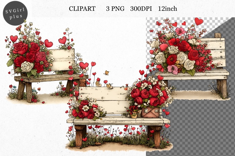 Bench Clipart, Valentines Day Clipart, Whimsical