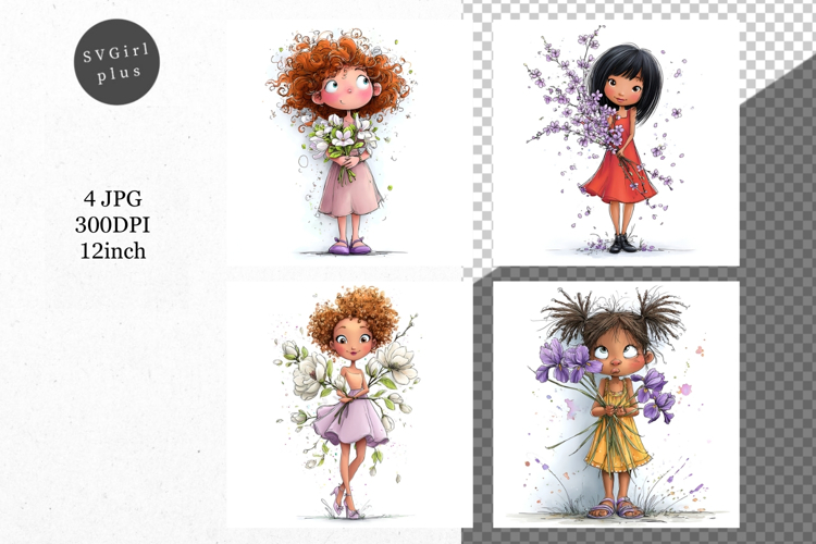 Girl with flowers, Whimsical JPG, JPG, Junk journal,