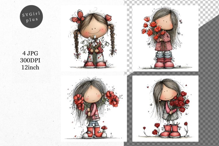 Girl with flowers, Whimsical JPG, JPG, Junk journal,