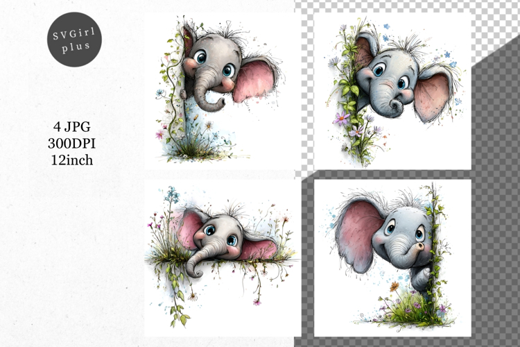 Elephant JPG, Peeking Elephant, Whimsical JPG,