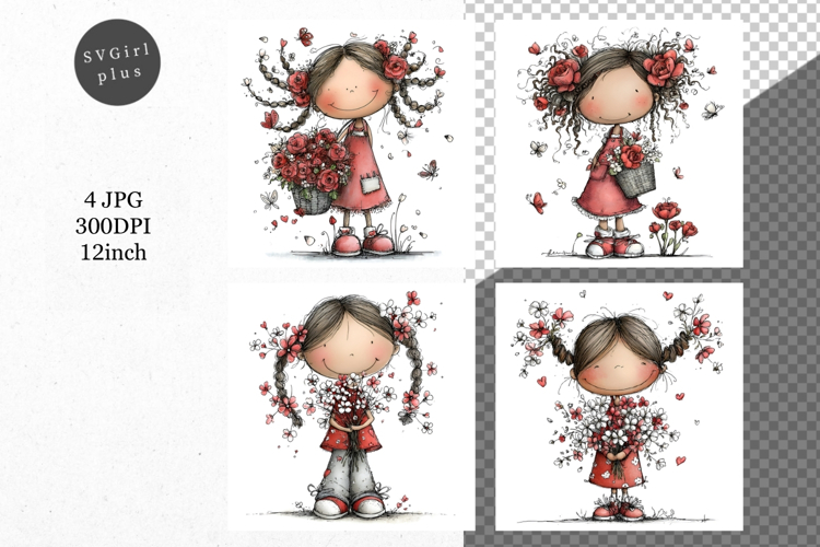 Girl with flowers, Whimsical JPG, JPG, Junk journal,