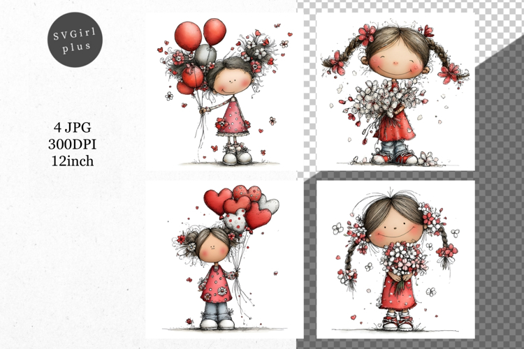 Girl with flowers, Whimsical JPG, JPG, Junk journal,