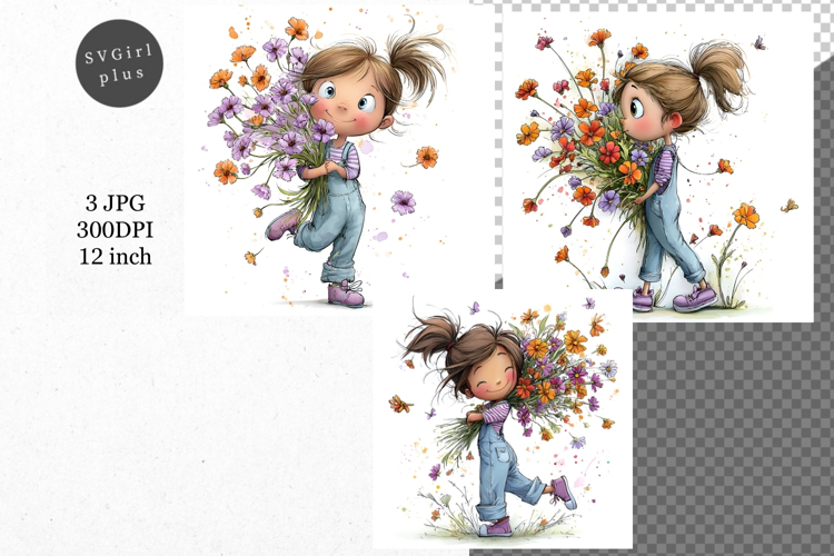 Girl with flowers, Whimsical JPG, JPG, Junk journal,