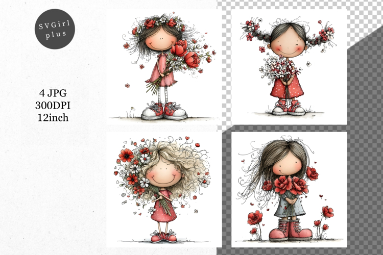 Girl with flowers, Whimsical JPG, JPG, Junk journal,