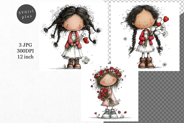 Girl with flowers, Whimsical JPG, JPG, Junk journal,