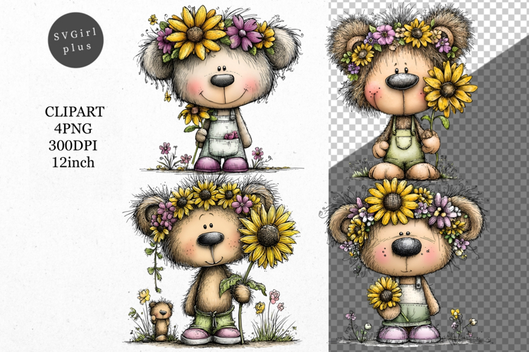 Teddy Bear Clipart, Sunflowers Clipart, Whimsical Clipart