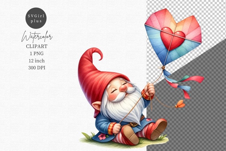 Gnome with kite, Valentines Day clipart, Love clipart example image 1