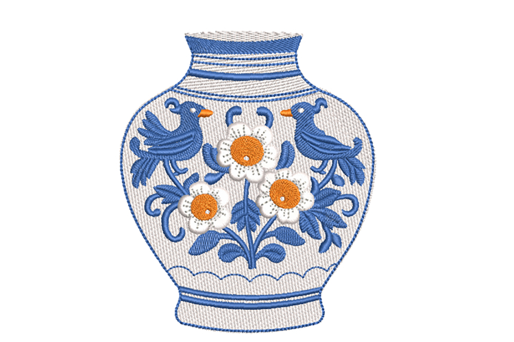 Chinoiserie Vase with Birds Embroidery Design
