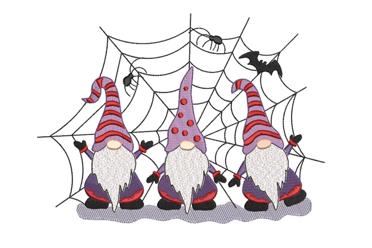 Three Halloween Gnomes with spider web and bat.