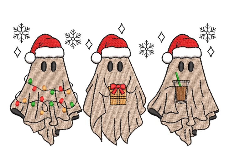Christmas Ghosts in Santa hats. Machine Embroidery Design.