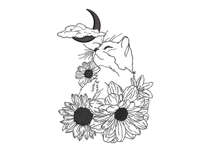 Floral Cat Machine Embroidery Design