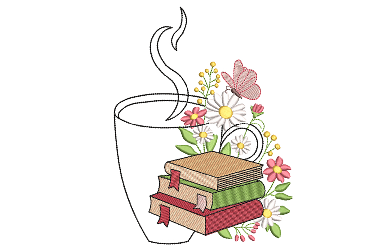 Spring Flowers Books and coffee Machine Embroidery Design
