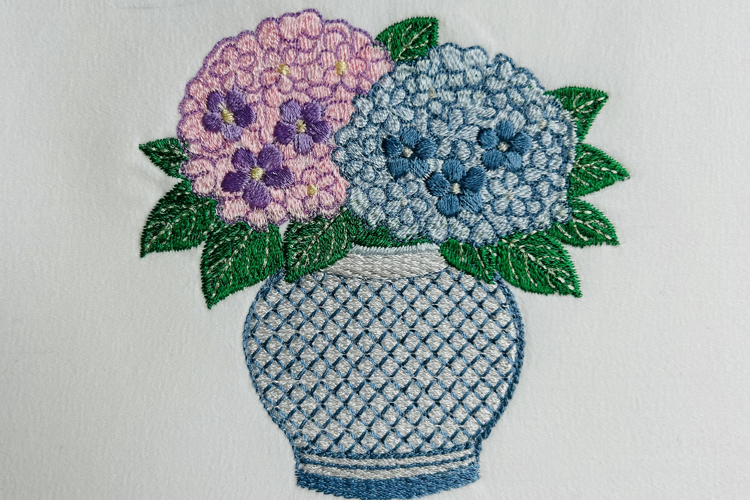 Hydrangea Vase Embroidery Design, Chinoiserie Floral