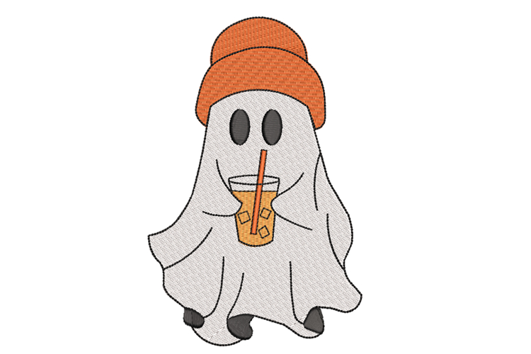 Halloween Ghost with Ice Coffee, Machine Embroidery Design.