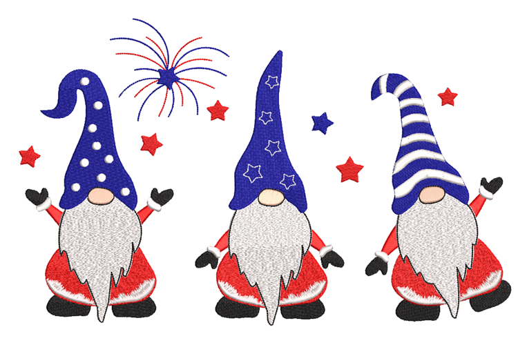 Three American Patriotic Gnomes Machine Embroidery Design