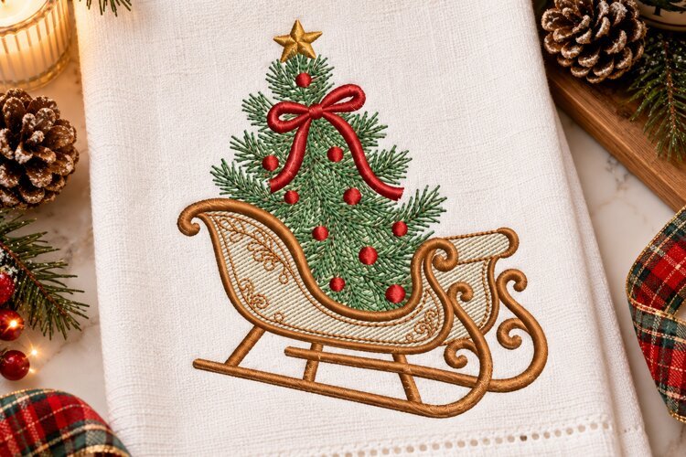 Christmas Tree on Sleigh Embroidery Design example image 1