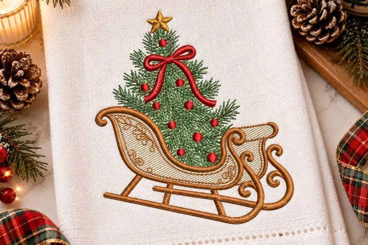 Christmas Tree on Sleigh Embroidery Design