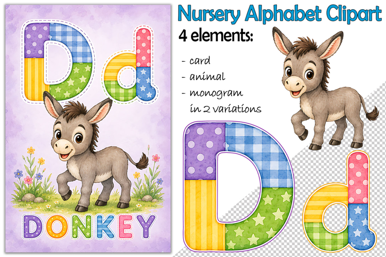 Nursery Alphabet Clipart, Flashcard Letter D, Monogram PNG