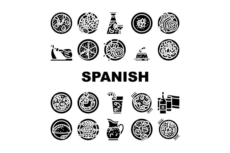 spanish cuisine food spain paella icons set vector