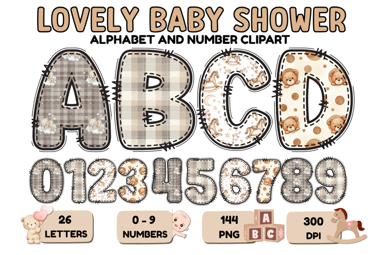 Lovely Baby Shower Alphabet & Numbers Clipart PNG 300 DPI