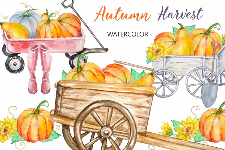 Watercolor Harvest Wagons with Pumpkins, Autumn clipart